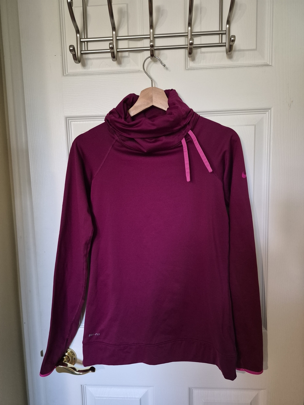 Nike Women’s Dri-FIT Funnel Neck Sweatshirt Pullover with Thumbholes - Berry-M.